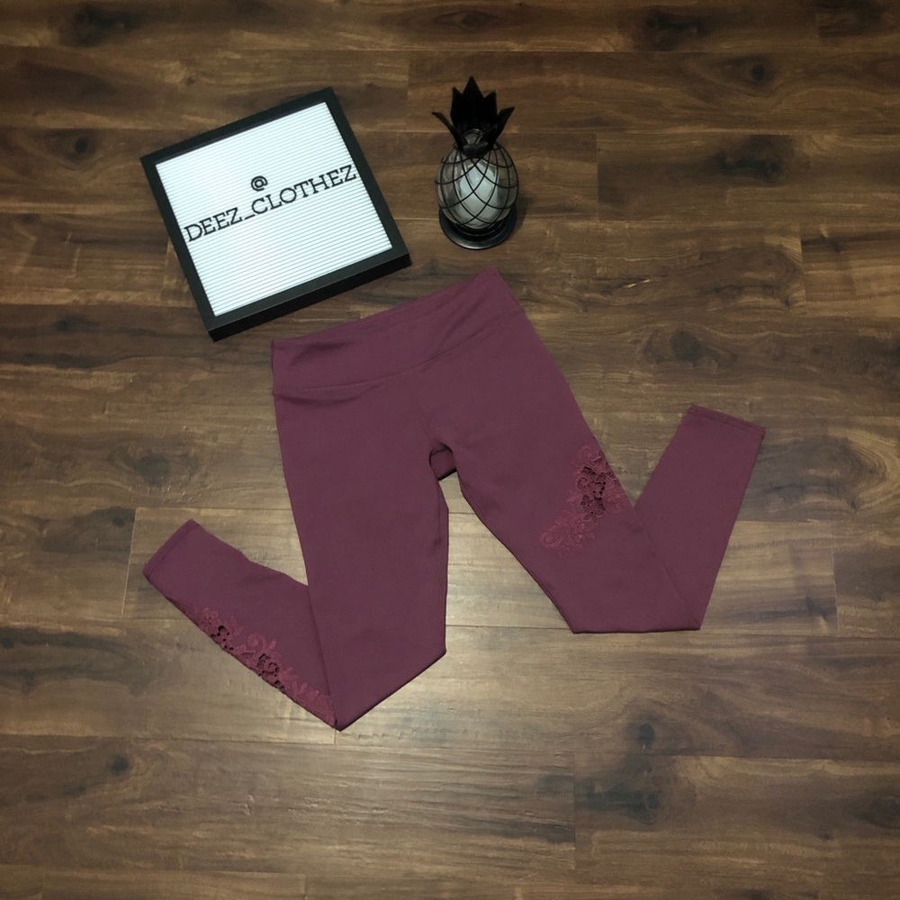 High Rise Burgundy Leggings with Lace Appliqué